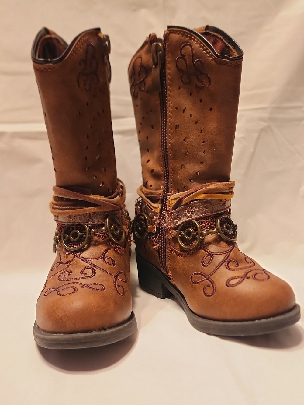 Girls' Brown Embroidered Western Boots with Decorative Strap
